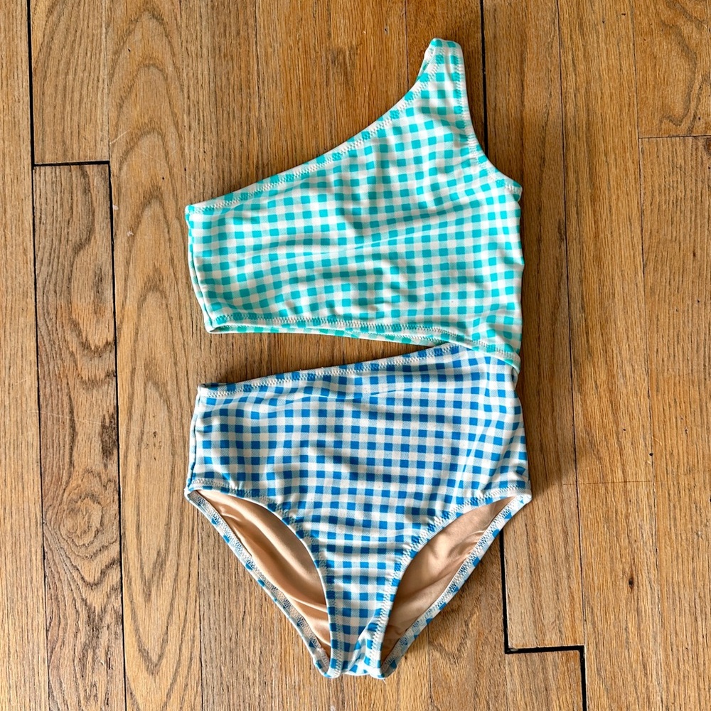 J. Crew Girls One-Shoulder One-Piece Swimsuit, Gingham Print, Size 6-7